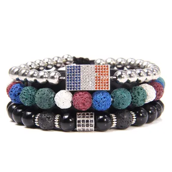

Allez! France Come On! CZ France Flag Bracelets Set Natural Healing Energy Lava Stone Beads Elastic Bracelets For Men Jewelry