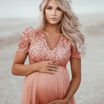 

OkayMom Maternity Photography Props Pregnancy Wear Long Pink Sequin Wedding Party Dress Clothing Maternity Shooting Dresses 2020