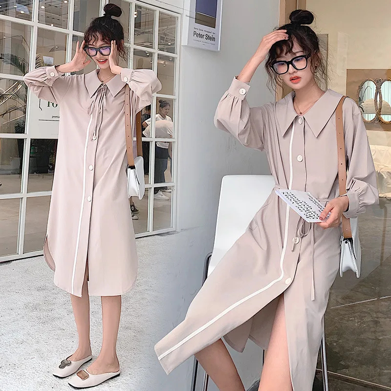 

Photo Shoot INS by Age Peter Pan Collar Lace-up Single Breasted Lantern Sleeve Pale Apricot Ladies' Chiffon Shirt Dress Autumn
