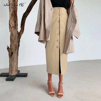 

Mnealways18 Casual Khaki High Waist Office Skirt Long Women Skirts 2020 Spring Single-Breasted Straight Ladies Work Skirt Button
