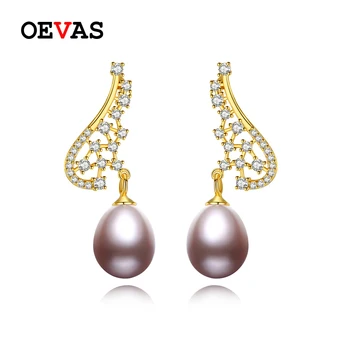 

OEVAS 100% 925 Sterling Freshwater Pearl Drop Earrings Gold Color Sparkling Zricon Hollow Out Wing Wedding Party Fine Jewelry