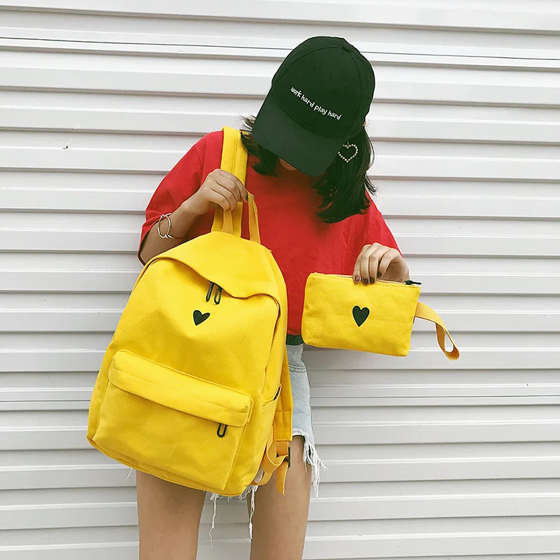 Деревянный высококачественный холщовый желтый рюкзак с принтом в виде сердца, корейский стиль, Студенческая дорожная сумка, школьная сумка для девочек, рюкзак для ноутбука