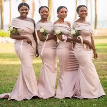 Simple Off the Shoulder African Mermaid Bridesmaid Dresses Floor Length Pleats Satin Pink Garden Country Wedding Guest  Gowns
