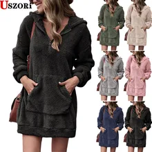 

2022 New Women Autumn Winter Long Sweater Double-sided Velvet Hooded Loose Zipper Plush Pocket Sweater Coat