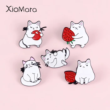 

White Cat Enamel Pins Strawberry Cherry Fruit Badges Brooches Animal Jewelry Lapel Pins Gift for Cat Lover Kitty Mom Gifts