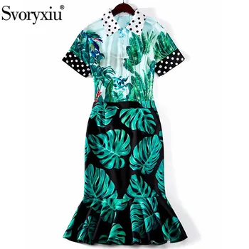

Svoryxiu 2020 Runway Designer Summer Skirt Suit Women's Short Sleeve Banana leaf Dot Print Blouse + Mermaid Skirt Two Piece Set
