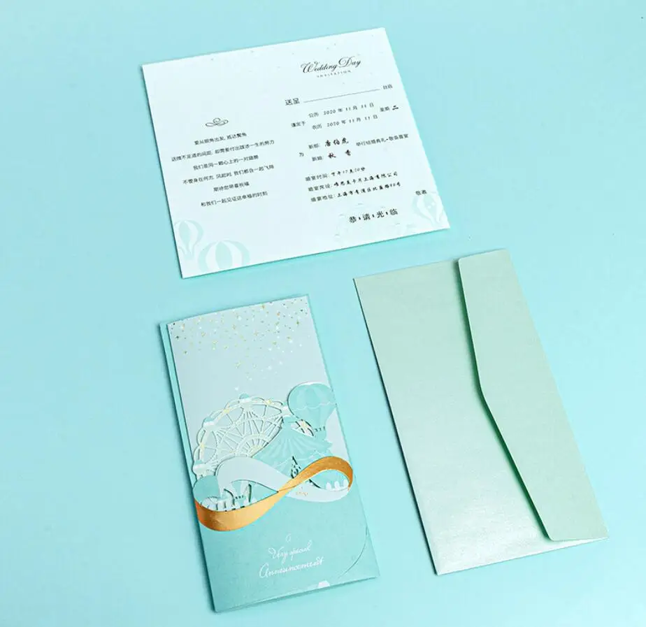  50pcs Tiffany blue Pink Laser Cut Wedding Invitations Cards With Envelopes Greeting Card for Weddin - 4000493076087