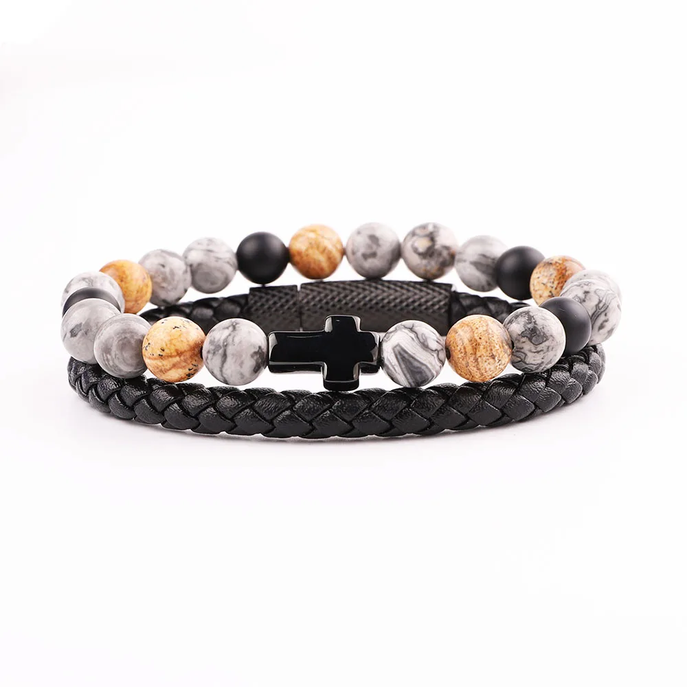 High Quality New Design Stainless Steel Cross Natural Stone Vintage Genuine Leather Bracelet Men
