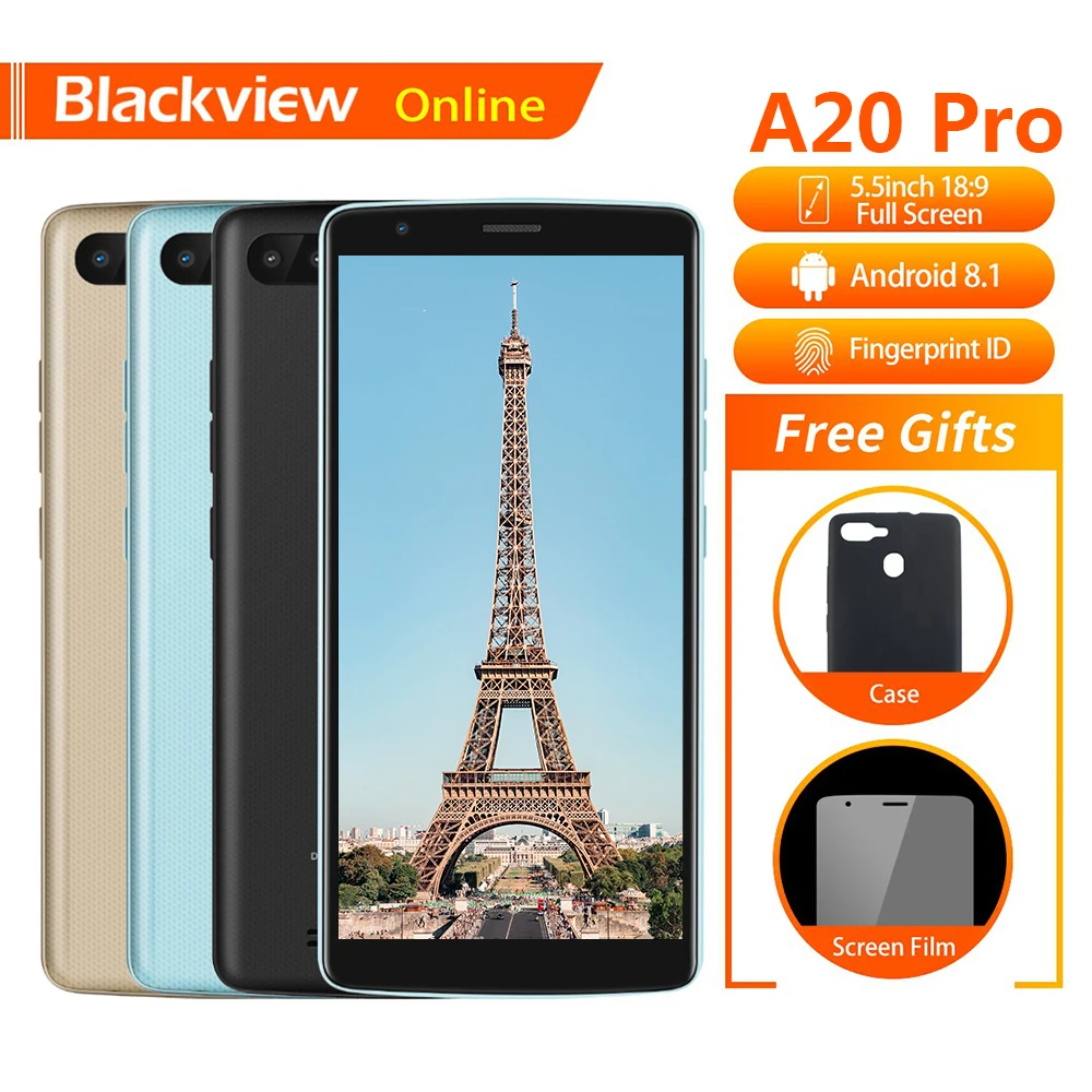 Blackview A20 Pro Оригинал 5,5 "мобильный телефон 2 GB + 16 GB Quad-Core Android 8,1 отпечатков пальцев 18:9 Full HD Экран 4G модный смартфон