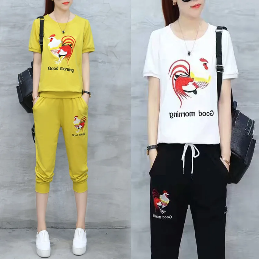 

2017 Summer New Style Korean-style WOMEN'S Short Sleeve Shirt Capri Pants Two-Piece Set Running Sports Set