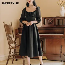 SWEETXUE Vintage black dress Sexy Square Collar Puff Sleeve Black Pleated High Waist Comfort Elegant Club Fashion Women Dresses