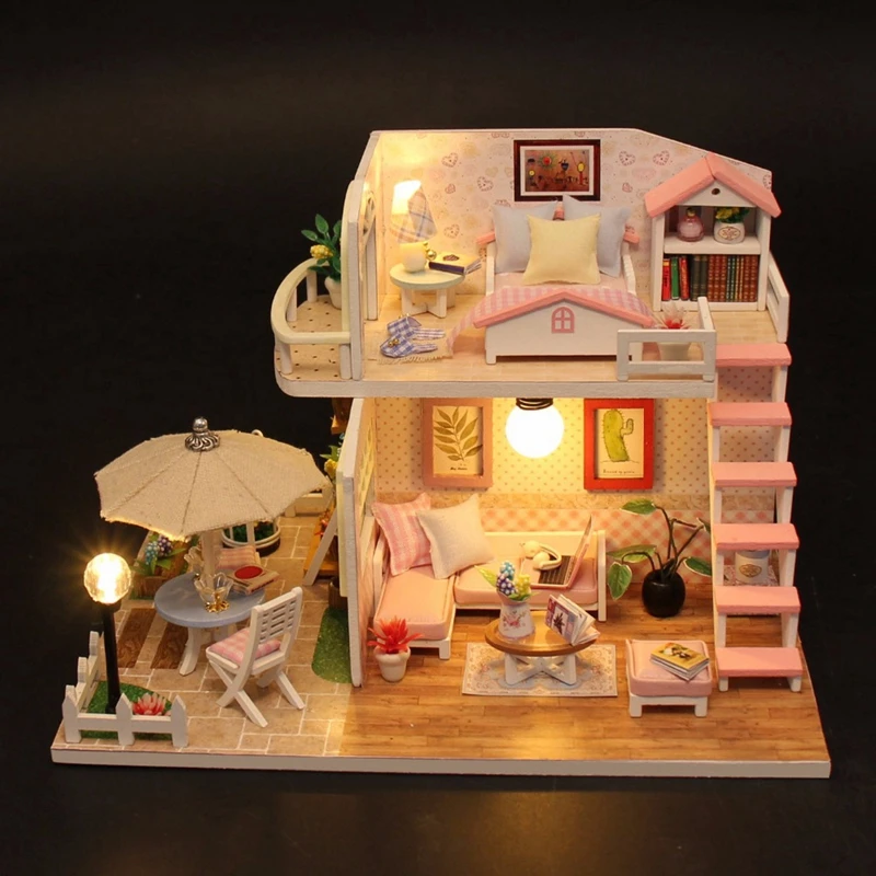 DIY Кукольный дом, деревянные кукольные домики, миниатюрный мини кукольный домик, мебель, набор со светодиодный игрушками, Детский Рождественский подарок, M033, розовый Лофт