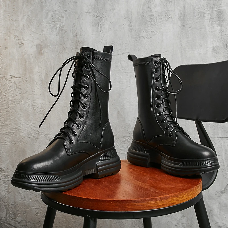 Women's genuine leather lace-up platform flats Motorcycle boots high quality autumn waarm plush mid-calf boots shoes for women