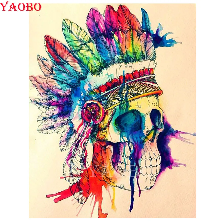 full square round drill diy diamond painting Indian skull feather mosaic art embroidery pattern for living room decor | Дом и сад