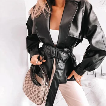 

Goocheer Autumn Winter Women Leather Jacket Steetwear Motorcycle Windbreaker Ladies Long Sleeve Sashes Coat Black PU Outwear