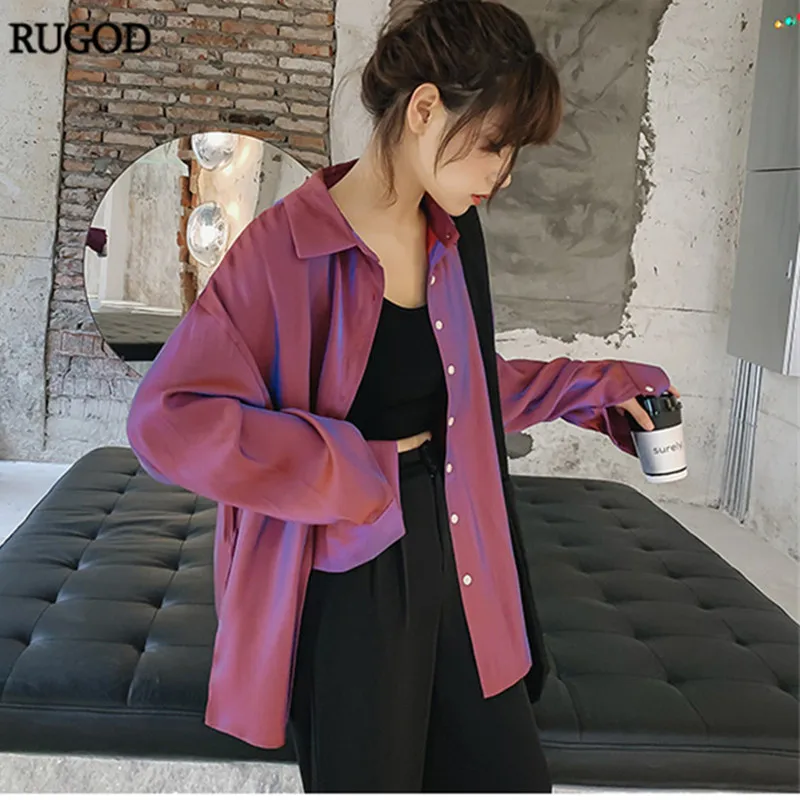 Фиолетовый RUGOD модная Корейская градиентная блузка женская Повседневная рубашка с длинными рукавами и отложным воротником плюс размер женская летняя блуза - Цвет: Фиолетовый