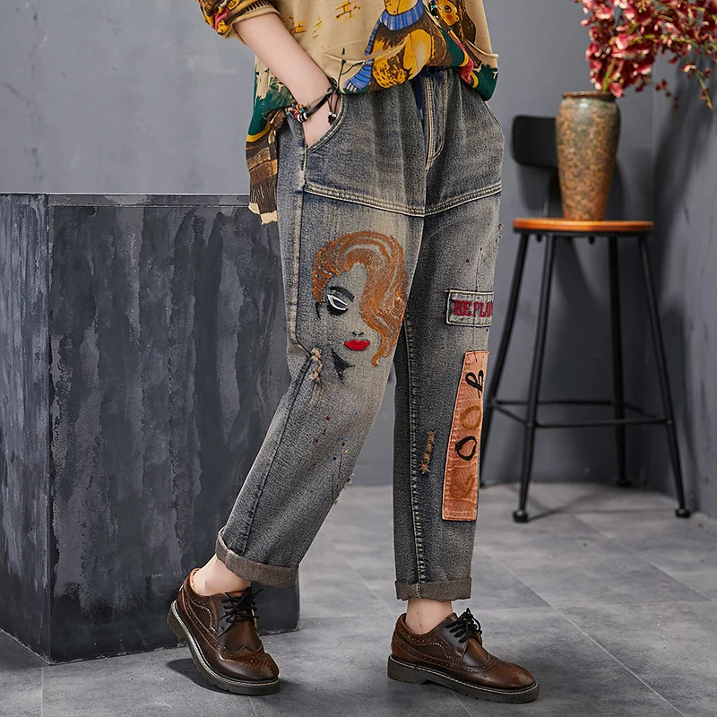 

Mid-Waist Jeans Woman Big Pockets Boyfriend Wind Loose Style Letter Prints Embriodery Patchwork Rolled Cuff Women Jeans Pants