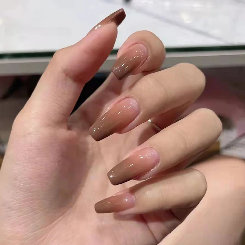 24Pcs Winter Warm Brown Gradient False Nails Detachable Coffin French  Ballerina Fake Nails Press On Nails Wearing Nail Patch|False Nails| -  AliExpress