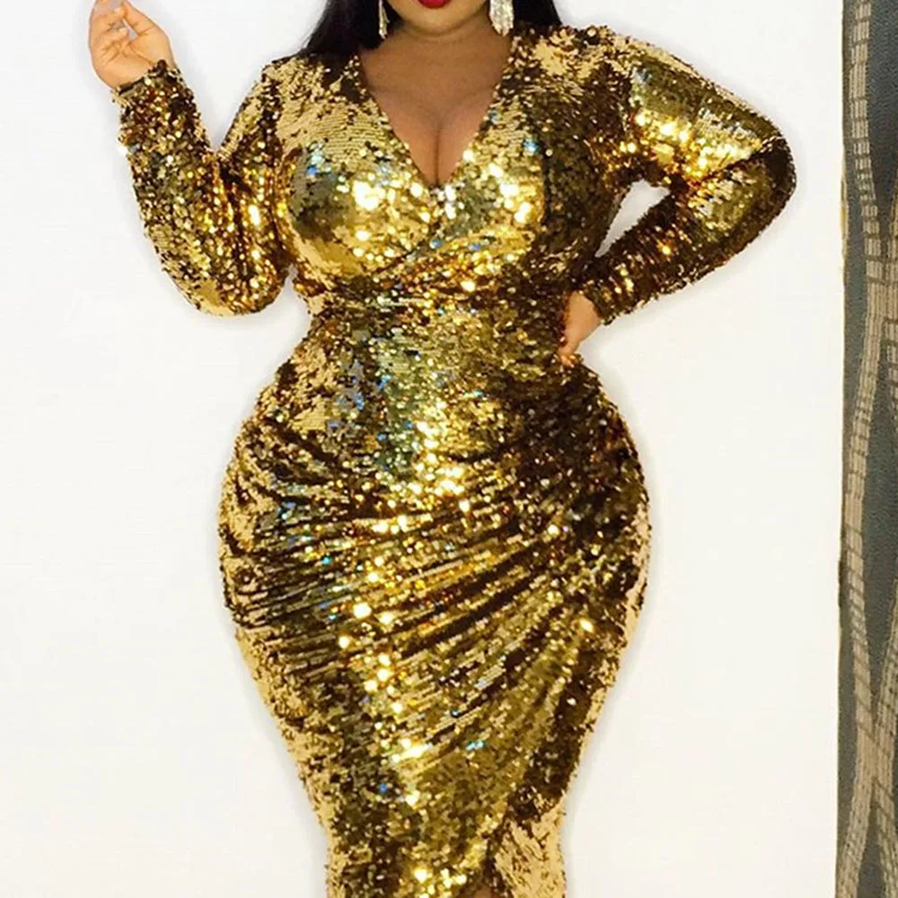 Long Sleeve Bodycon Ruched Sequin Dress 
