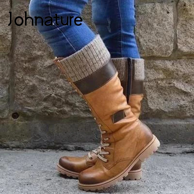 

Johnature Women Shoes Platform Boots 2019 New Winter Round Toe Square Heel Patchwork Cross-tied Leisure Plus Size Ladies Boots