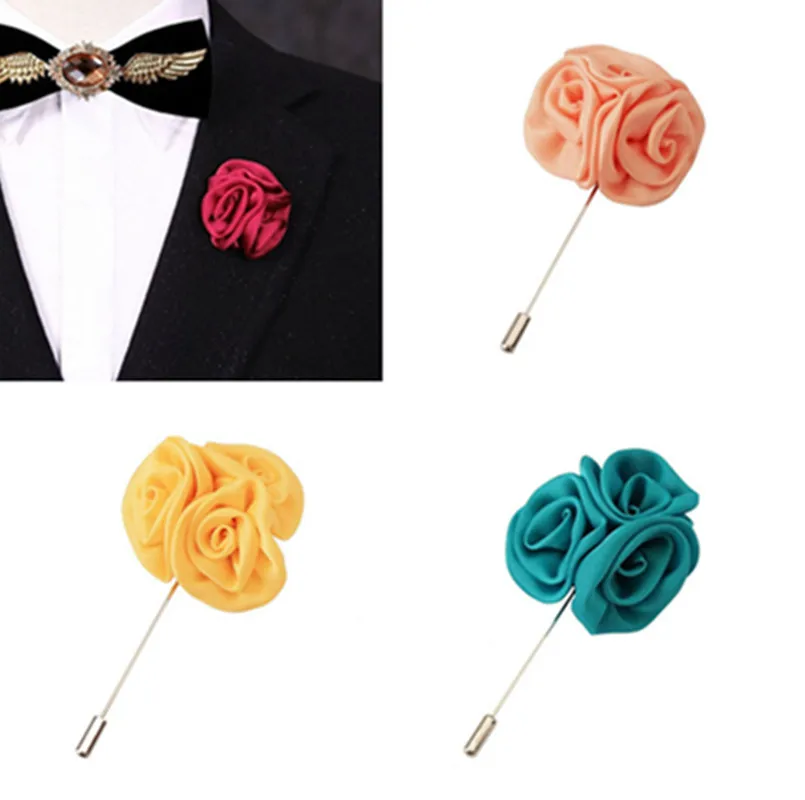Lapel Silk Rose Flower Daisy Handmade Boutonniere Stick Brooch Pin Men Accessory