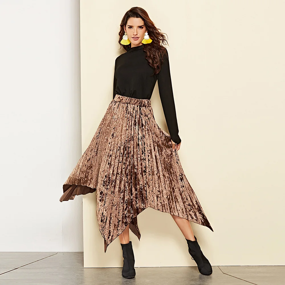 

2019 New Style of Coffee Pleated Rubber Band Hemiskirt Women's Skirt In Autumn Women Skirt