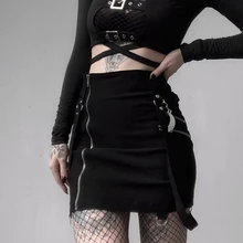 Темная Женская юбка в стиле панк, Harajuku, модная, Готическая, на молнии, с поясом, высокая талия, юбки, гранж Инс, уличная одежда, черная мини-юбка для женщин