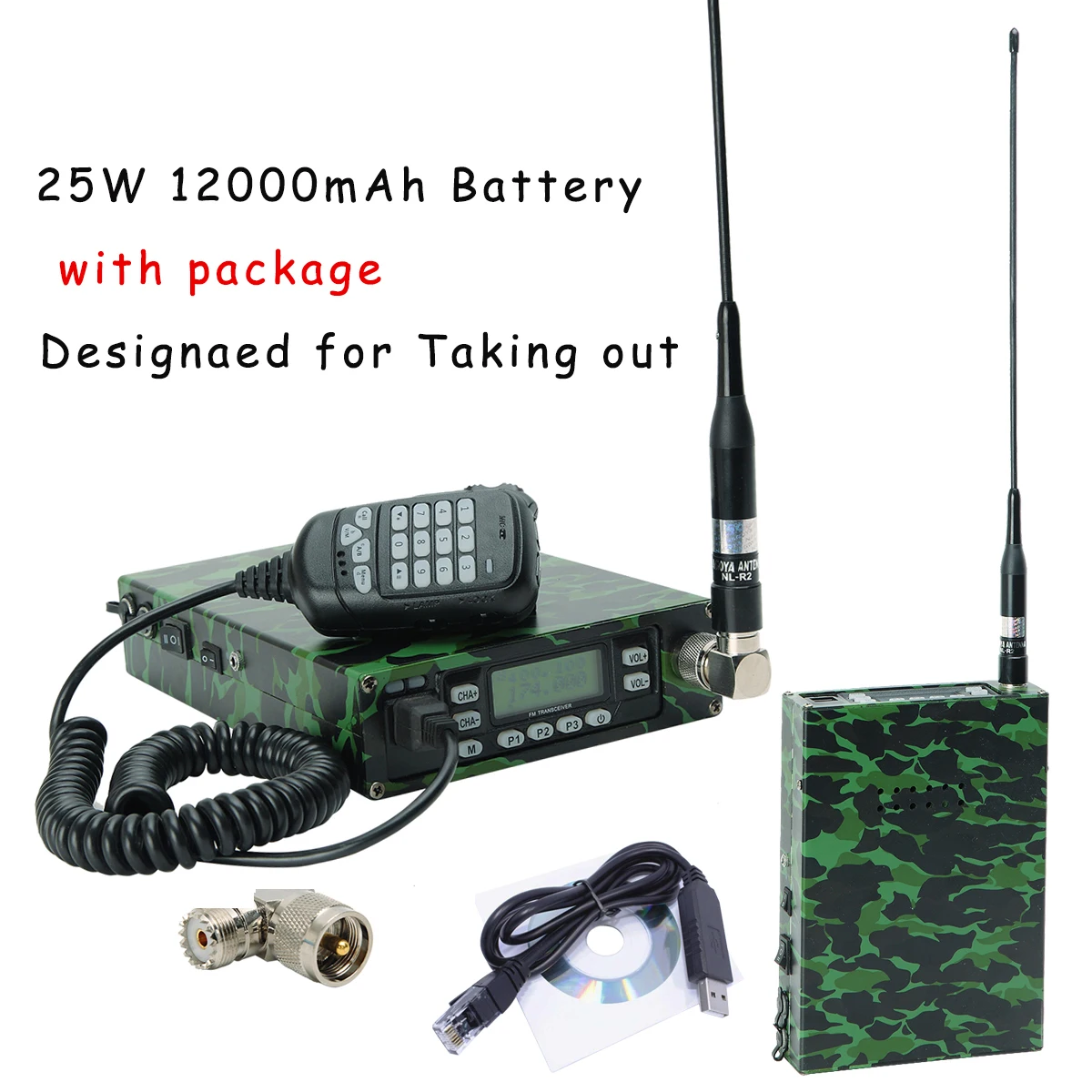 camo ABBREE 25 Вт двухдиапазонный рюкзак Мобильная радиостанция VHF UHF портативное автомобильное радио 12000 мАч батарея+ антенный кабель для программирования - Цвет: camo