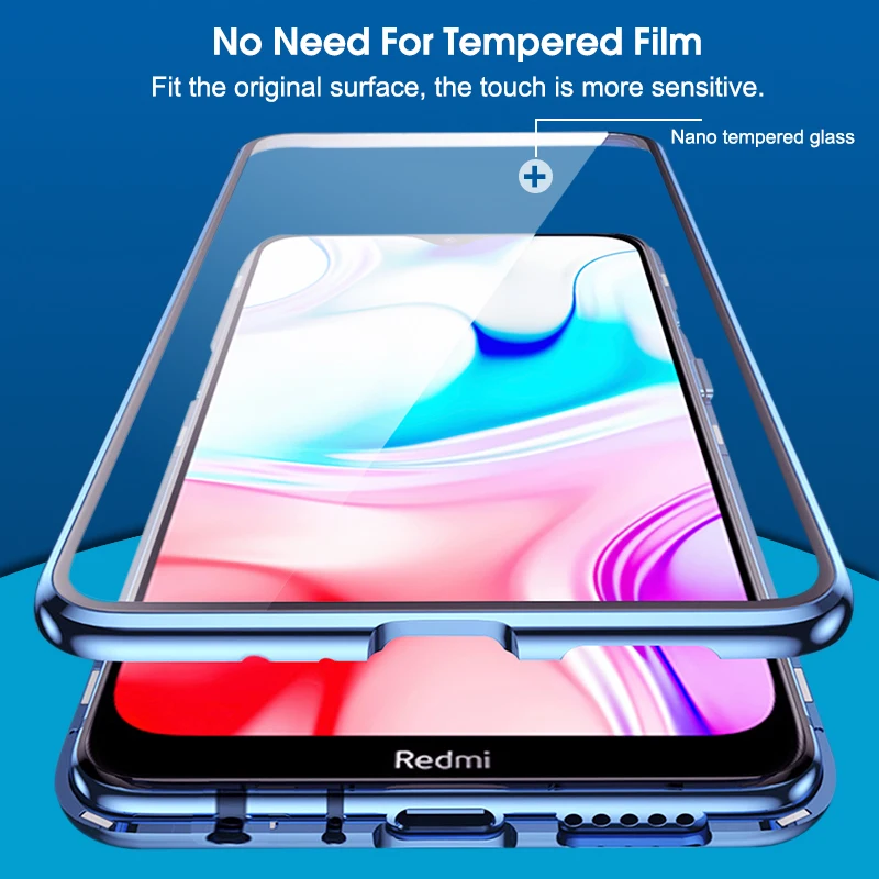 Магнитный двухсторонний защитный чехол 360 для Xiomi Redmi 8, закаленное переднее заднее стекло, металлический чехол Redmi 8 On для Redmi8 A 8A, чехол