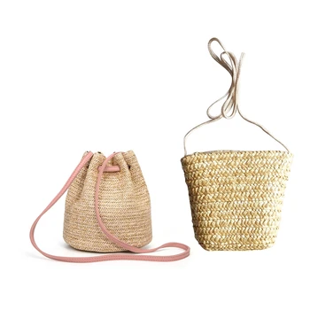 

AUAU-Straw Bucket Bag Weave Purse Handbag Fringe Pink & Ladies Rattan Grass Small Bag Crossbody Bag with Mobile Purse Grass