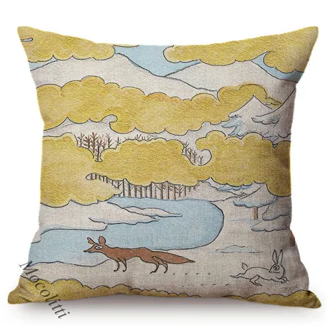 Impressionism Oil Painting Golden Riverside Forest Scenery Pattern Sofa Throw Pillows Sika Deer Rabbit Decorative Cushion Cover M189-5