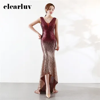 

Train Evening Dresses Double V-Neck Sequins Party Gowns DX353-1 Plus Size Elegant Robe De Soiree 2020 Gradient Long Prom Gowns