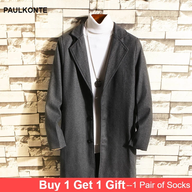 

Men 2019 autumn and winter new woolen coat solid color fashion single-breasted windproof men casual coat
