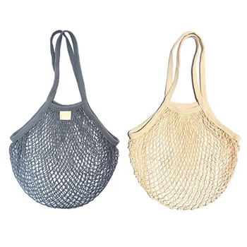 

2Pcs Reusable Shopping Bag Cotton Mesh Tote Can Be Washed Foldable Zero Waste Farmer's Market Fruit and Vegetable Bag with Long