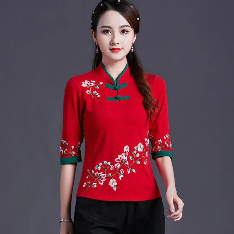 Cheongsam Women's Plus Size Tops Summer Fashion Cotton Embroidery Splicing Stand Collar Chinese Style Qipao Shirts Woman