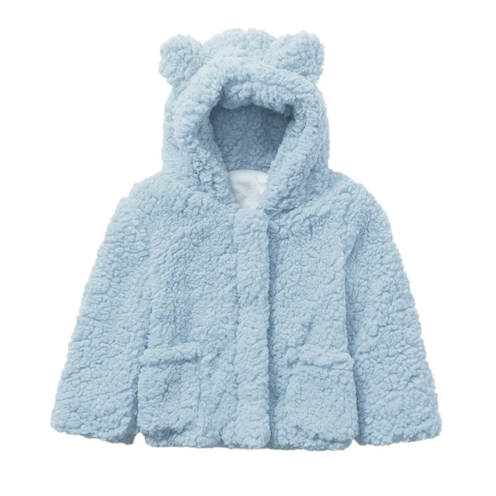 Детская куртка; зимняя теплая флисовая куртка с капюшоном и плюшевым мишкой; ветровка для маленьких девочек и мальчиков; детская куртка; Верхняя одежда для малышей; 19Sep - Цвет: Light Blue
