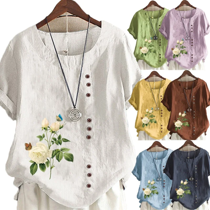 

Женская свободная футболка, летний Повседневный Топ из хлопка и льна в стиле ретро с круглым вырезом и цветочным принтом, размера плюс, XS-5XL