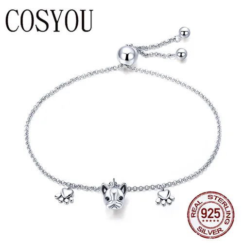 

COSYOU Genuine 925 Sterling Silver Trendy Bulldog Footprints Link Bracelets Clear CZ Fashion Bracelet Jewelry Making Gift SCB085