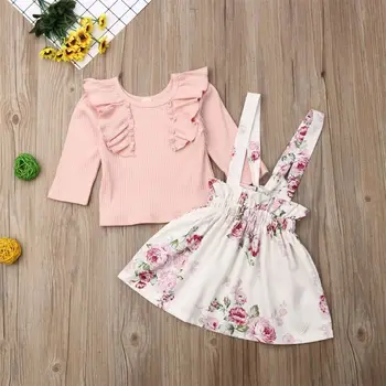 

Baby Long Sleeve Clothing Toddler Kid Baby Girl Tops Solid Ruffled T-shirt+Floral Suspender Overall Skirt 2PCS Outfit 6M-4T