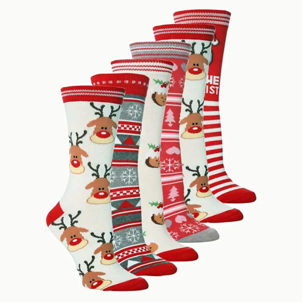 Новые рождественские хлопковые носки-трубы с милым принтом Санта Клауса лося для мужчин и женщин, эластичные носки средней длины, плотные, большие размеры