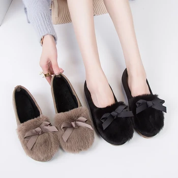 

Round Toe Autumn Bow-Knot Moccasin Shoes Shallow Mouth Women Casual Female Sneakers All-Match Soft Slip-on Loafers Fur Fall
