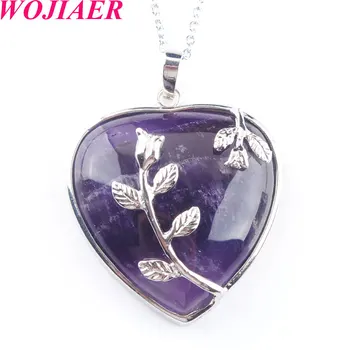

WOJIAER Natural Amethysts Jewelry Rose Flower Pendant Necklaces Leaf Real Love Heart Gem Jewellery for Girl PN3181