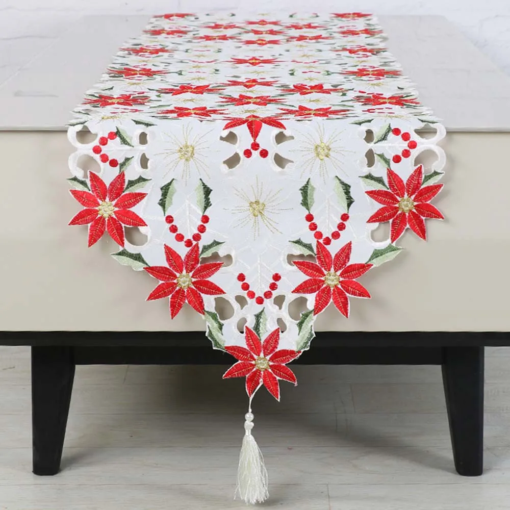 Christmas Embroidered Table Runner Poinsettia Holly Leaf Table Linens Decoration Home table dinner Decor