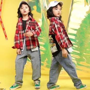 

Kid Cool Denim Blue grid Jeans Jacket Coat T Shirt Top Hip Hop Clothing Girls Boys Jazz Dance Costume Ballroom Clothes Wear