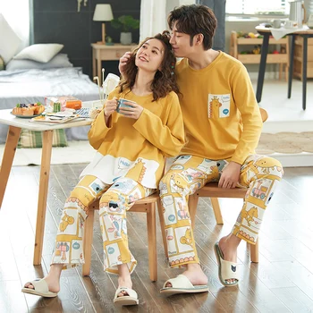 

Couple Pajamas Set 100% Cotton Autumn Long Sleeves Pnats Home Suit Cartoon Lovers Sleepwear Comfortable Two-piece Female Pajamas