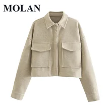

MOLAN Winter Jacket Coat Woman Loose Long Sleeve Big Pockets Fashion Short Streetwear Jacket Top Female Vintage Beige Outwear