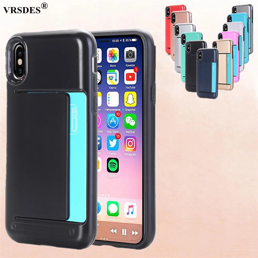 VRSDES For iPhone XR XS Max X 5 5S SE Case Slide Armor Card Slots Holder Hard Cover for 7 8 Plus 6 6s 7plus 8plus Funda |