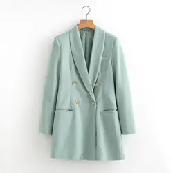 Мятно-зеленый шикарный однотонный Блейзер женская зимняя Длинная Куртка Пальто Карманный офисный Женский блейзер Повседневный Длинный