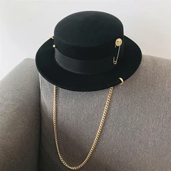 Women Australia Wool Felt Fedora Hat Fashion Flat Top Detachable Gold Chain Strap Pin Bowler Cap For Ladies