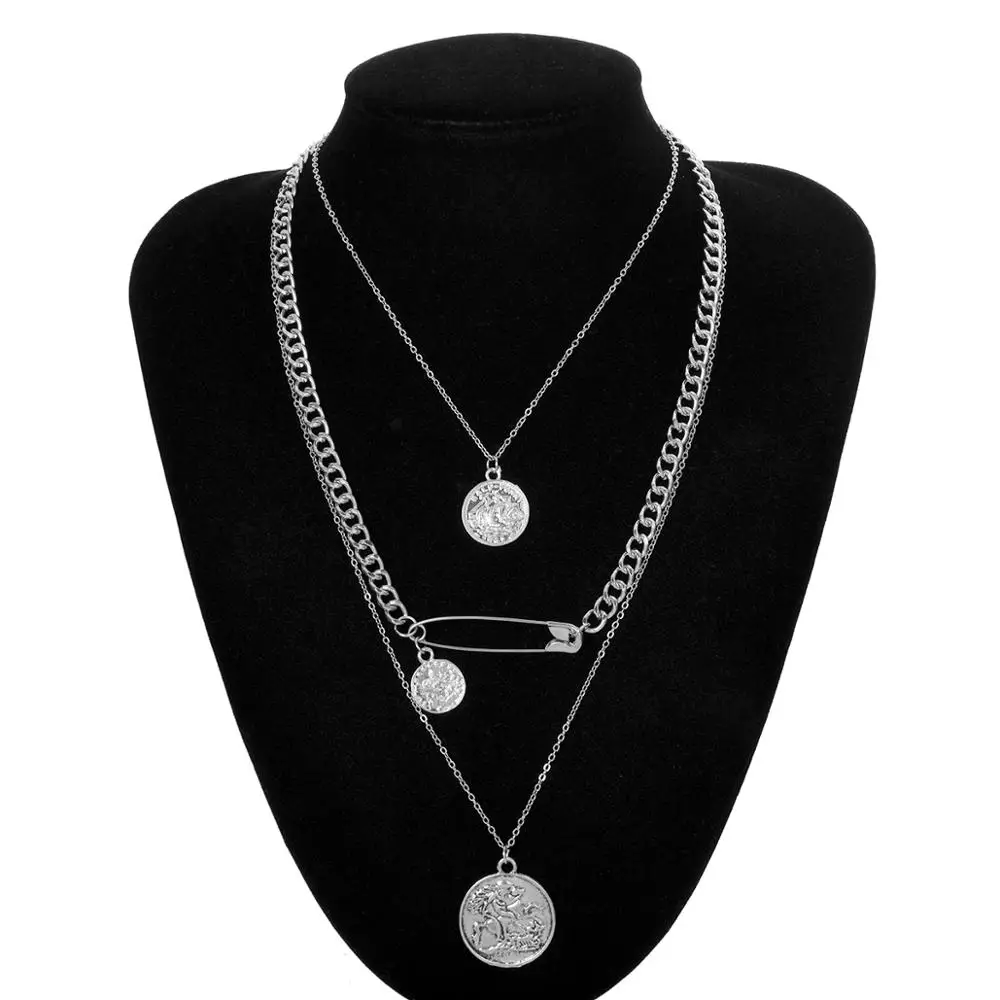 Готическое уникальное ожерелье-чокер с подвеской в виде монеты, женский воротник, многослойное серебряное длинное ожерелье с цепочкой, Брендовое ювелирное изделие